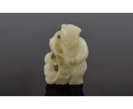 Antique Period Chinese White Jade Boy Pendant of Fine Quality. From a Private Collection. Size - 2.5 Inches High, 6.3 cm. Exc