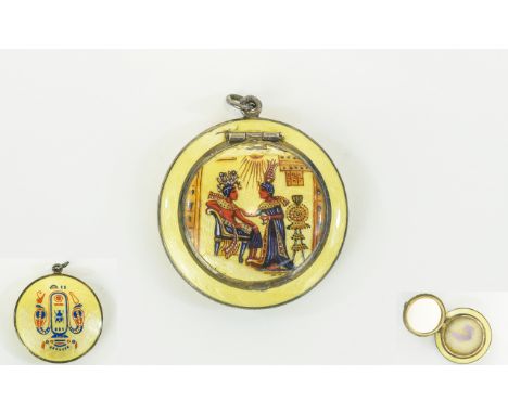 A Very Fine Mid 20thC Enamel Worked on Silver Circular Pendant/Compact fully hallmarked. Features Images of Egyptian figures 