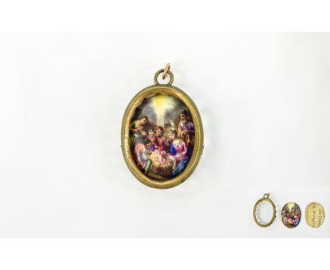 Hand Enamelled Nativity Scene Pendant, a detailed, hand painted, polychrome enamel on copper oval, showing Mary, Joseph and t