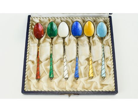 A Boxed Set of Six Solid Silver and Enamel Coffee Spoons From 1950's Denmark, Marked with Silver Import Mark and Sterling Sil