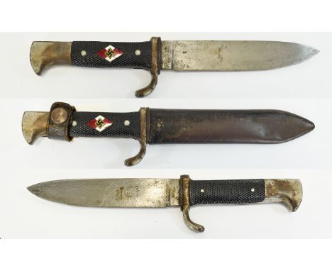 Hitler Youth Knife From World War II Maker Arthur Evertz, marked RZM - M7/43 to blade, with original scabbard circa 1940.