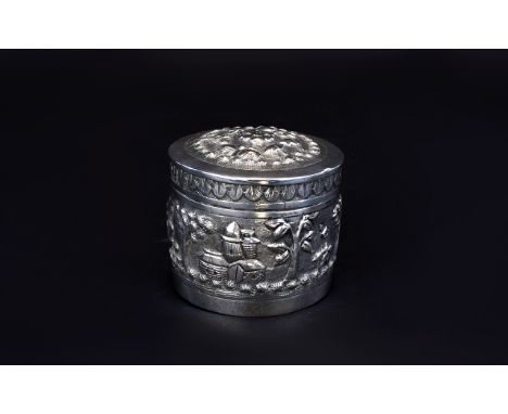 Anglo Indian Silver Lidded Round and Embossed Trinket Jar with Embossed Scenes to Side Panels and Top Cover. Silver 900 Purit