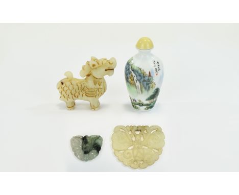 Chinese Small Collection Of Mixed Vintage Items Includes a couple of carved jade pieces, one in the form of a butterfly, plus