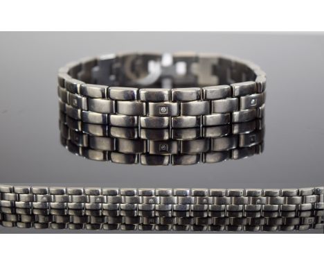 Titanium - President Style Bracelet ( Brushed ) Set with Diamonds. Marked Titanium and Diamond, Set with Seven Small Round Br
