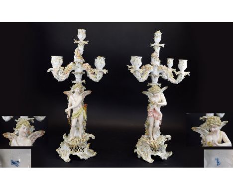 Meissen - Very Fine and Stunning Pair of 19th Century Tall Porcelain Figural 5 Branch Candelabra, Both Decorated with The Tal