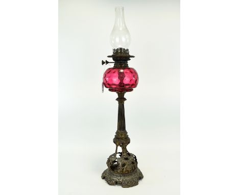 Wright & Butler; Birmingham, Pugin Style Cast Iron Oil Lamp With Cranberry Reservoir, Height 29 Inches