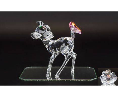 Swarovski Crystal Figure Disney Showcase Collection Bambi With Plaque Code number 9100 NR 000 114, issued 2008, retired 2012.