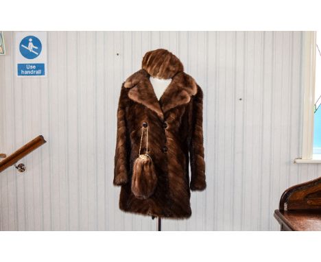 Vintage Plush Mink Chevron Pattern Coat Also A Mink Bag And Matching Hat 1970's three quarter dark brown mink coat with exagg