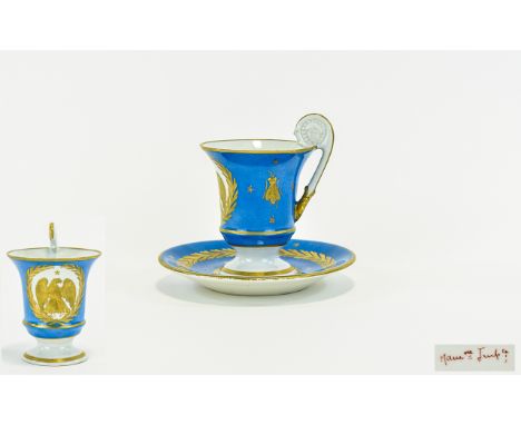 French First Empire 1804 / 1815 Period - Fine Quality Blue Porcelain Cup and Saucer with Gold Painted Eagle. Signed to Unders