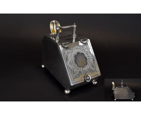 Walker and Hall Silver Plated Tea Caddy in the form of a Coal Scuttle and shovel circa 1900. 5 inches high 5.5 inches deep 3 