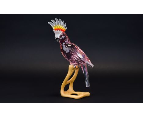 Swarovski Cut Crystal Figure 'Paradise Birds' Collection Cockatoo Red. Made from Kakadu crystal sits on a wooden base. Design