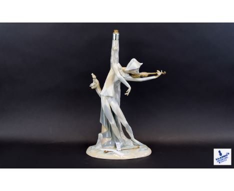 Lladro Harlequin Design Figural Lamp Base Attractive lamp base featuring harlequin playing a violin resting against a tree tr