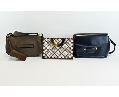 Vintage Bally Handbags Two in total, the first a navy blue leather top handle envelope/flap over bag. Double B gold hardware 