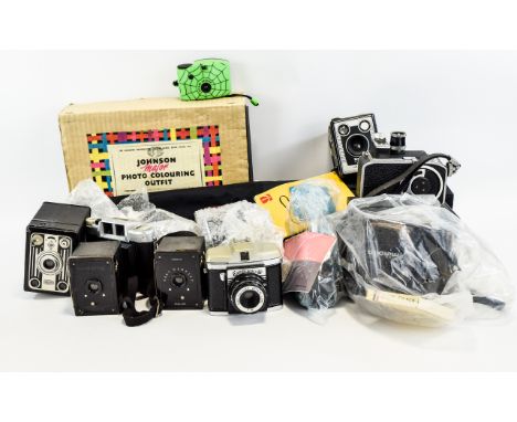 Collection Of Cameras And Related to Include Johnson Photo Colouring Outfit, Minolta 7, Taron, Contessa LKE, Comet CMF, Box C