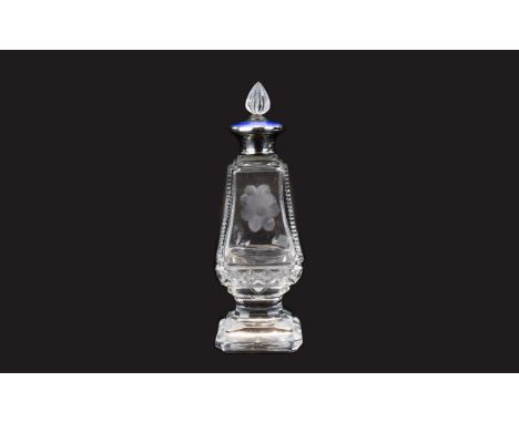 Antique Nice Quality Silver and Blue Enamel Topped Cut Glass And Engraved Scent Bottle. marked Sterling silver. Stands 7 inch
