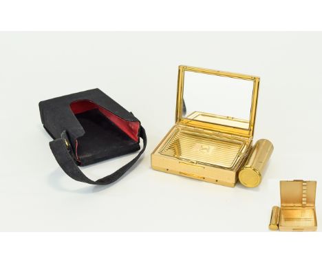 Vintage Stratton Triple Compact/Minaudiere 1950's Gold tone metal triple compact with mirror and powder to one side, cigarett