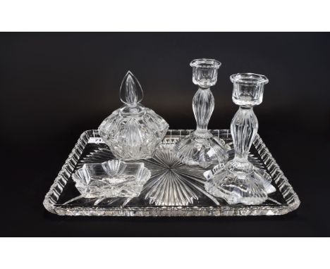 Cut Glass Dressing Table Vanity Set A vintage set comprising central faceted glass tray, two candle sticks, pin tray and trin