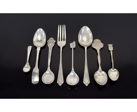 Mixed Lot Of Silver And Plated Souvenir/Tea Spoons And 1 Fork