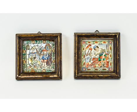 A Pair Of Late Nineteenth Century Decorative Figurative Tiles two ceramic tiles, possibly Dutch or Portuguese in origin. Each