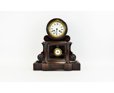 English 19th Century Shaped Black Lacquered Wooden Mantel Clock with 8 Day Striking Movement on a Bell, Half Hour and Hour, w