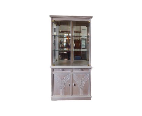 Contemporary Display Cabinet Corner cabinet in pale grey/peach tone wood with two glass front doors, mirrored interior and gl