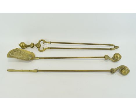 Victorian Period Large and Heavy 3 Piece Brass Companion Set Tools - Tongs, Poker and Shovel. Ball / Pearl and Claw End Featu