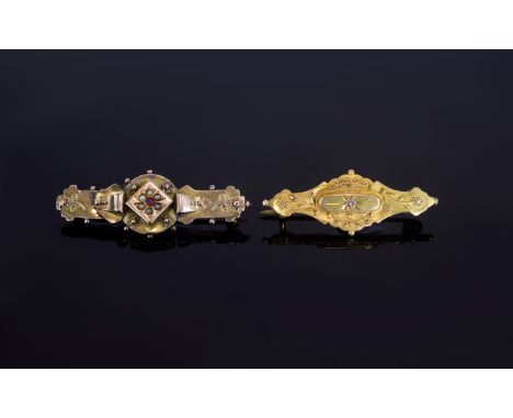Victorian Period 15ct Gold Set Ornate Brooch with Central Diamond, Marked 15ct + a Victorian Period 9ct Gold Seed Pearl and G