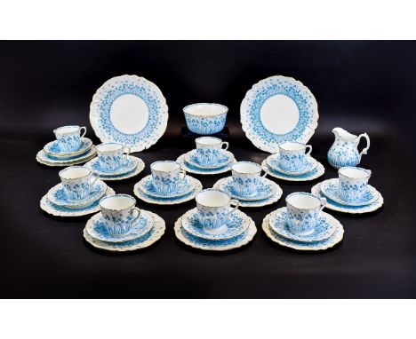 Foley Bone China Part Tea Service, pretty light blue floral decoration to entire surface, white background.