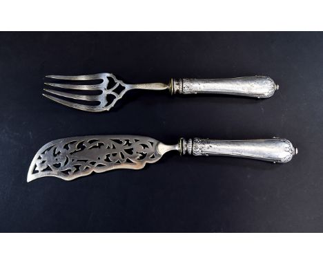 Antique Silver Plated Fish Servers Comprising Large serving fork and ornate fish knife with reticulated fish and scroll detai