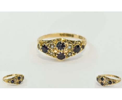 Ladies 9ct Gold Set Sapphire and Pearl Gypsy Set Ring. Hallmark Birmingham 1919. Ring Size P-Q. Excellent Condition. 