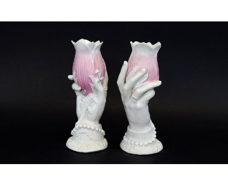 A Pair of Vintage Ceramic Nice Quality Pink Lily Hand Vases. Unmarked to Base. Each Vase Stands 8 Inches High. Excellent Cond