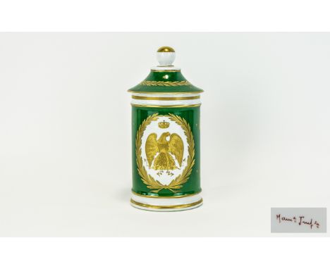French First Empire Period 1804 - 1815 Green with Gold Painted Imperial Eagle Pot with Cover. Script to Underside of Pot. Hei