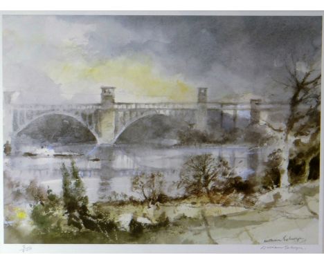 WILLIAM SELWYN limited edition (5/850) print - view of the Britannia rail and road bridge across the Menai Straits, signed in