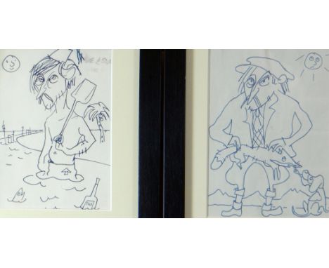 SIR KYFFIN WILLIAMS RA two ink sketches of the artist himself, the first of Sir Kyffin by the sea, 6.5 x 4.5 ins (16 x 11 cms