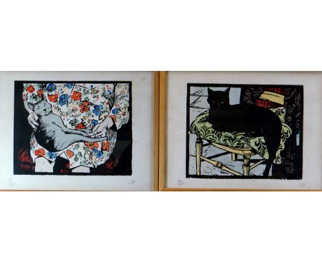 JONATHAN HEALE a pair of coloured limited edition (20/250 and 28/250) prints, the first of a black cat sitting on cushioned c