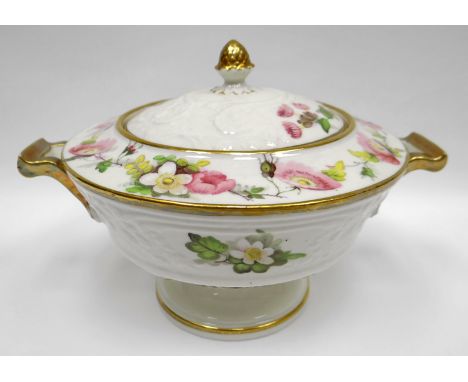 SWANSEA porcelain, painted by, or in the style of, WILLIAM POLLARD - sauce tureen and cover on a circular pedestal base, with