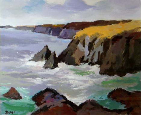 DONALD McINTYRE acrylic - rocky coastal seascape, cliffs near Solva, signed with initials and with original Attic Gallery lab