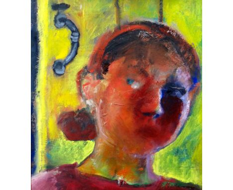 SHANI RHYS-JAMES oil on board - entitled verso 'Self Portrait with Handle', 20 x 18ins (51 x 46cms)