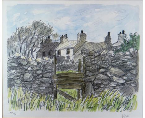 SIR KYFFIN WILLIAMS RA artist's proof (3/15) print - row of cottages beyond a dry stone wall with gate, initialled and entitl