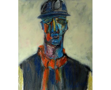 MIKE JONES mixed media - head and shoulders portrait of miner in helmet and scarf, signed, 18 x 15 ins (46 x 38 cms)