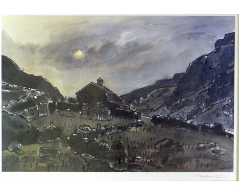 SIR KYFFIN WILLIAMS RA limited edition (88/150) print - farm cottage on mountainside at dusk, signed in full, 13 x 19.5 ins (