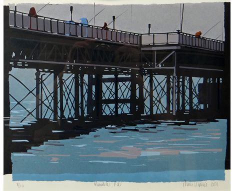 SARAH HOPKINS print - limited edition (8/10) silkscreen print of fishermen on Mumbles Pier, signed and dated 2011, 13 x 15.5 
