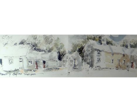 JOHN KNAPP FISHER watercolour and pencil - unusual two-sectioned painting of mill buildings and cottages entitled 'Nant y Coy