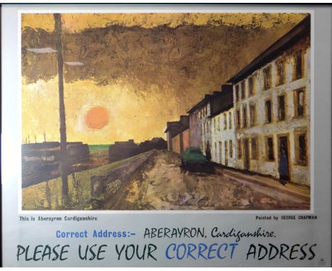 GEORGE CHAPMAN poster/print - street scene with view of harbour at Aberaeron, original poster printed by the GPO, their logo 