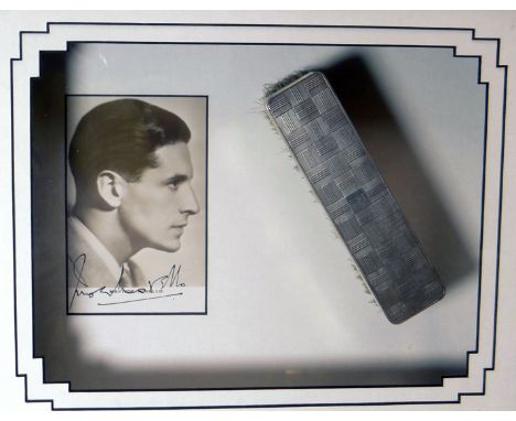 IVOR NOVELLO autograph and silver hairbrush - hand-signed postcard jointly framed with a monogrammed silver backed hairbrush 