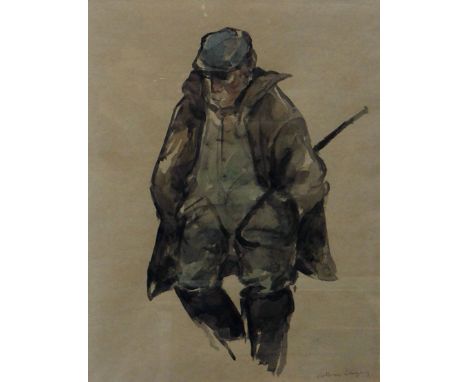 WILLIAM SELWYN watercolour - portrait of capped farmer with hands in pockets and walking stick under arm, signed, 21.5 x 16.5