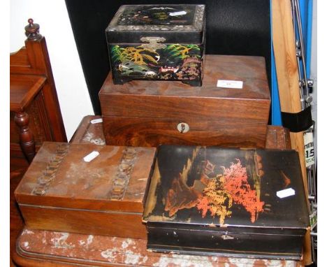 Rosewood tea caddy, together with other boxes 