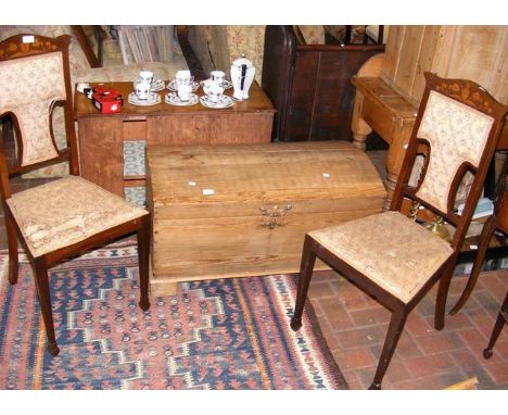 Antique dome top trunk, together with a pair of inlaid bedroom chairs 