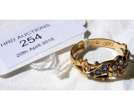 Sapphire and seed pearl ring in 18ct gold setting 