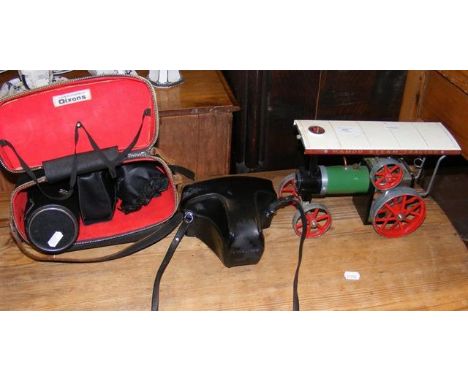 An old Mamod model steam engine, together with camera and lenses CONDITION REPORTfilm camera